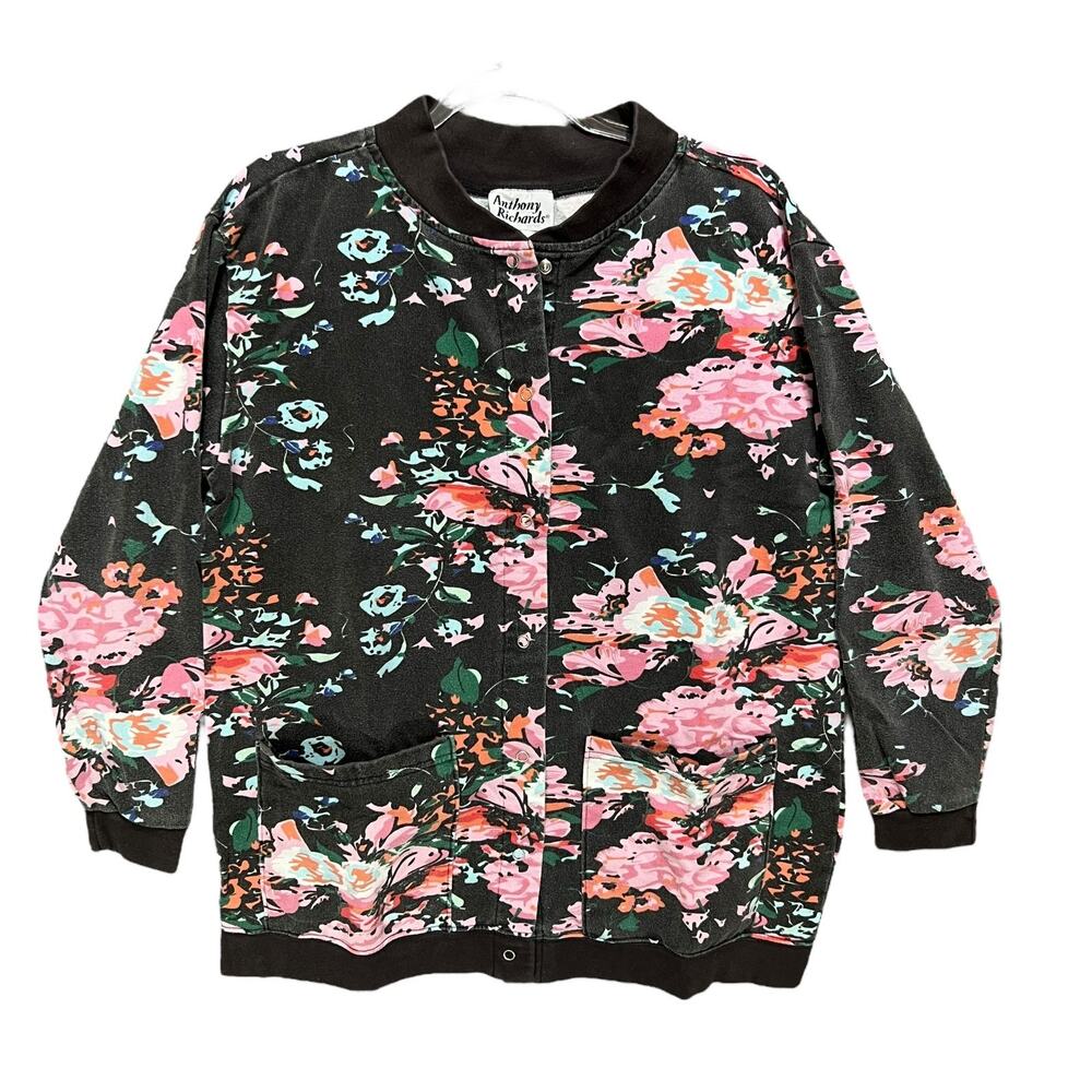 VTG 90s Womens Floral Sweatshirt Jacket Sz M Snap Front Grannycore Cottage Retro - Picture 3 of 9